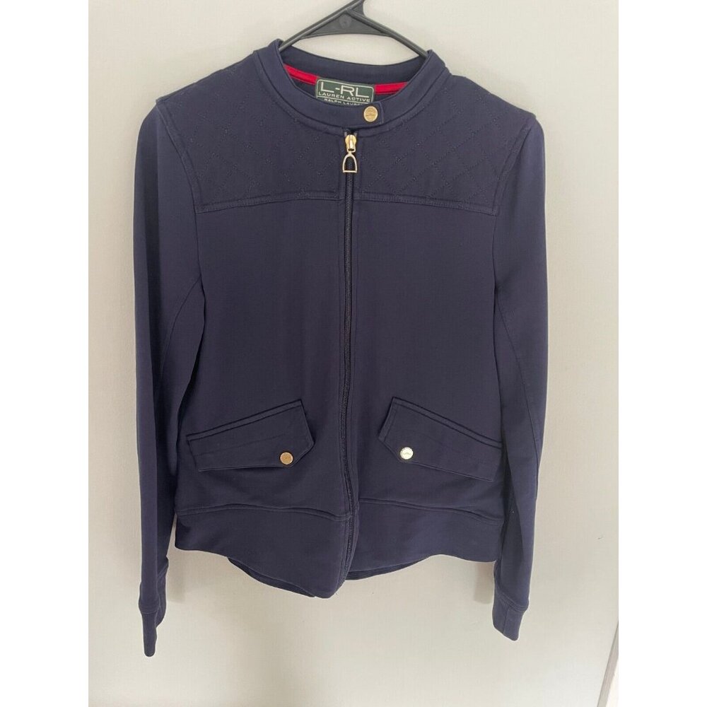 Lauren Ralph Lauren Active Jacket Women Small Navy Full Zip Snap Neck Pockets
